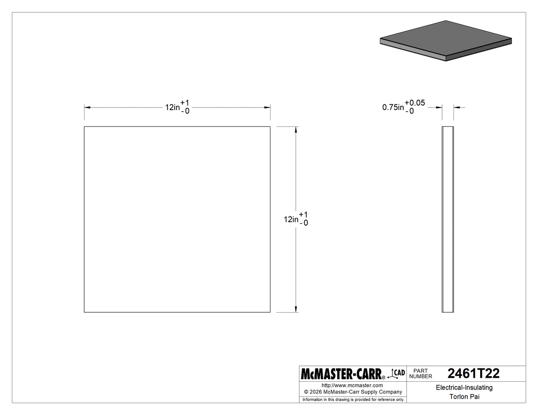 Technical Drawing of Electrical-Insulating Torlon Pai, 12" x 12" x 3/4".